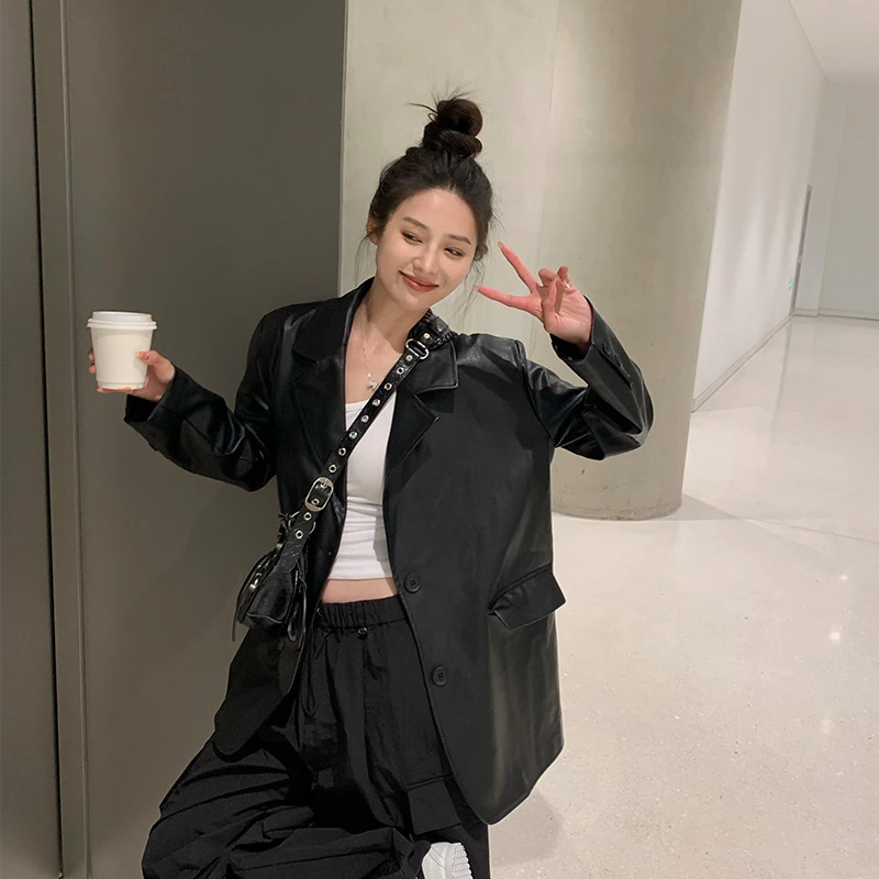 新款春秋网红高端爆款美拉德复古西装皮衣小个子黑色穿搭