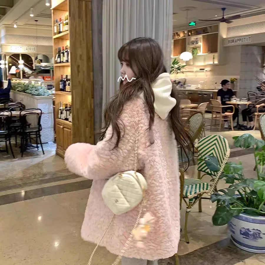 【绵绵蜜桃】冬季玫玫粉毛毛外套女加厚v领毛毛大衣女
