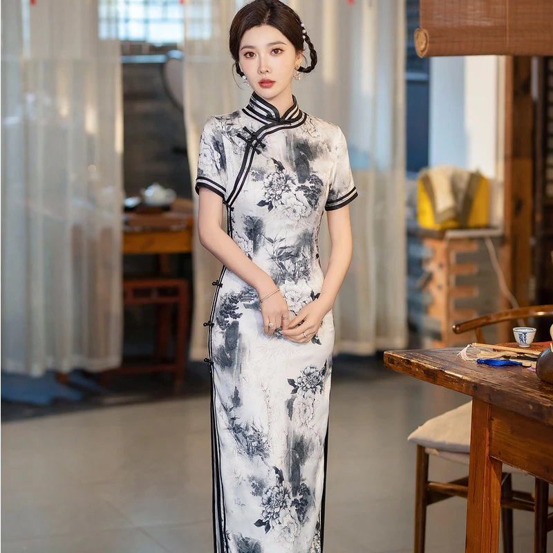 【SYG809】2024女士夏季修身旗袍气质复古日常走秀旗袍长款