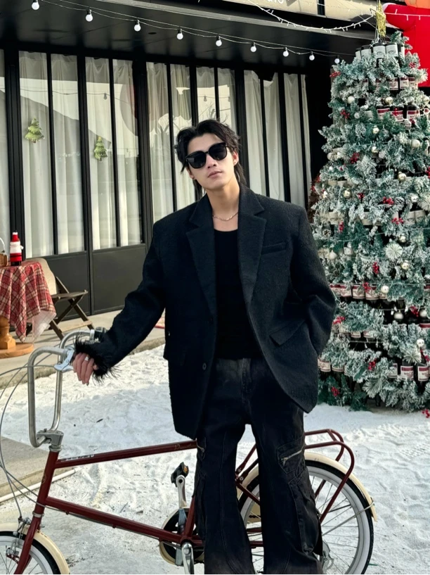 秋冬质垫肩西服外套小众设计高级时髦毛呢宽松西装W3528