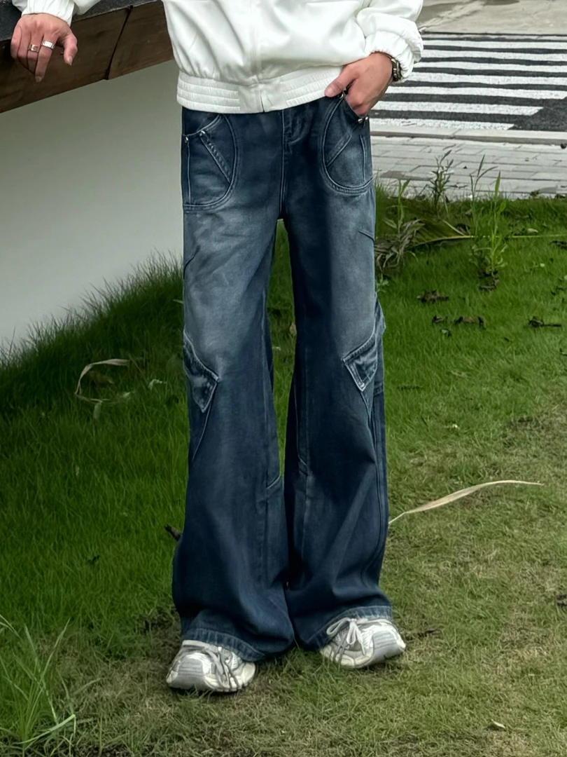 秋季宽松直筒牛仔长裤多口袋工装设计感拖地裤男NZ3066-1