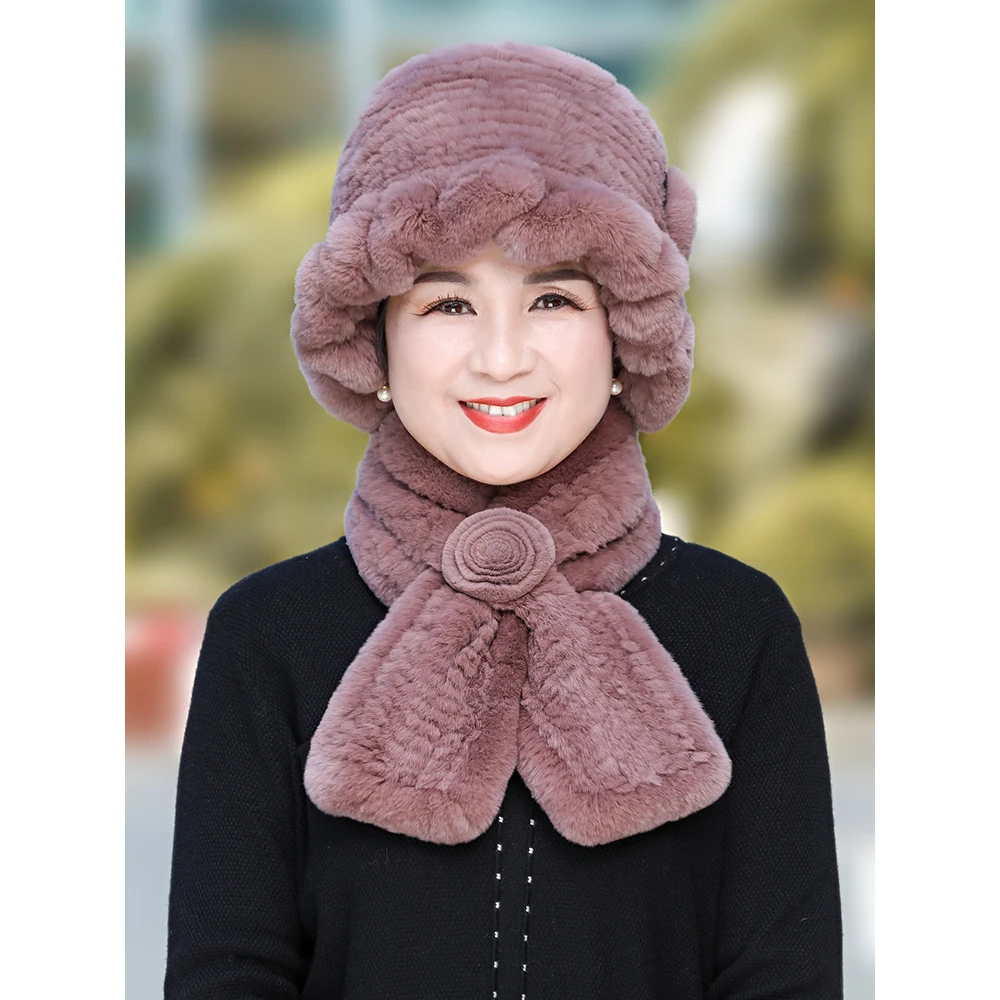 皮草老人帽子女士毛线獭兔毛帽子女冬天围巾妈妈中老年人帽子奶奶