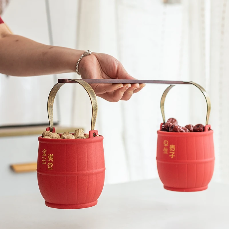 子孙桶结婚女方红色嫁妆婚庆用品大全喜事摆件娘家陪嫁马喜桶痰盂