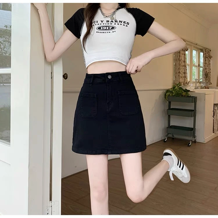 大码显瘦A字夏季显瘦半身裙高腰短裙黑色设计感