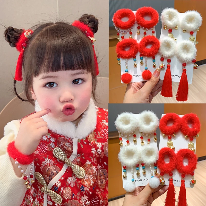 儿童新年发饰小女孩中国风毛绒发圈宝宝红色喜庆拜年发绳女童头饰