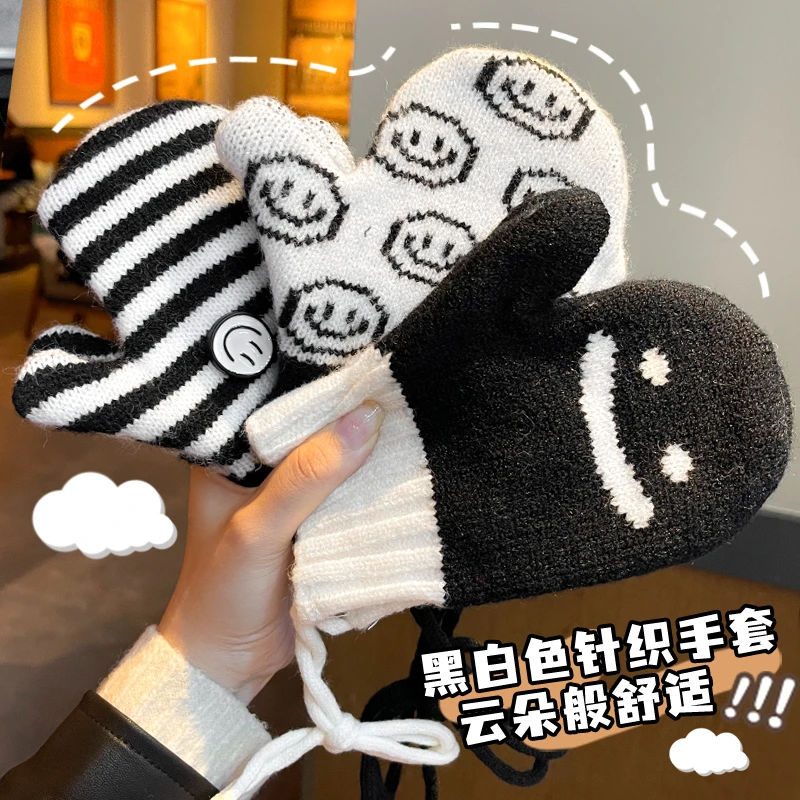 新款儿童手套秋冬季男女宝宝时尚条纹挂脖韩版连指针织保暖手套潮