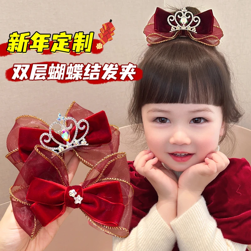 小女孩头饰洋气发夹大蝴蝶结新年酒红色公主后脑勺飘带头饰女儿童
