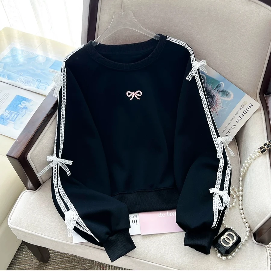 女童2025春秋新款蕾丝拼接蝴蝶结刺绣黑色卫衣韩版圆领中大童长袖