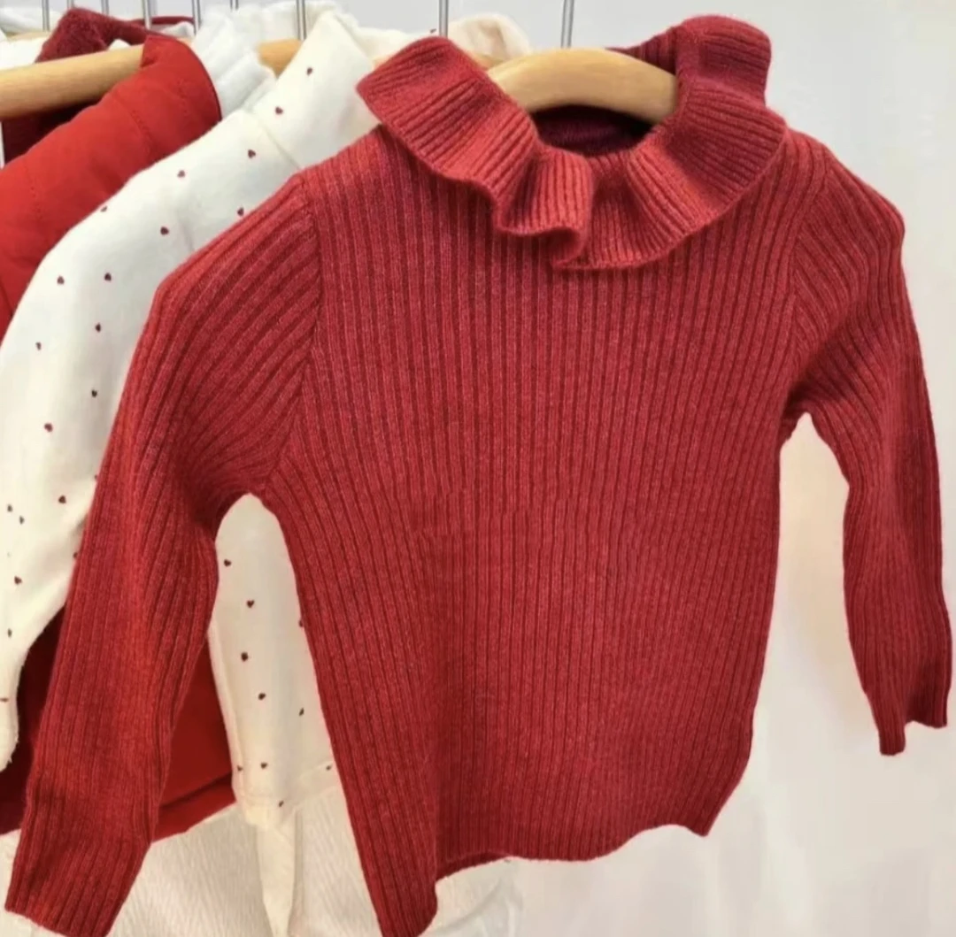 新款红色花边领子打底衫