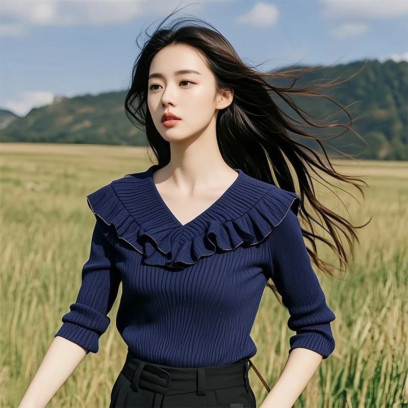 大码v领荷叶边2025早春季长袖针织衫上衣时尚洋气显瘦百搭打底衫