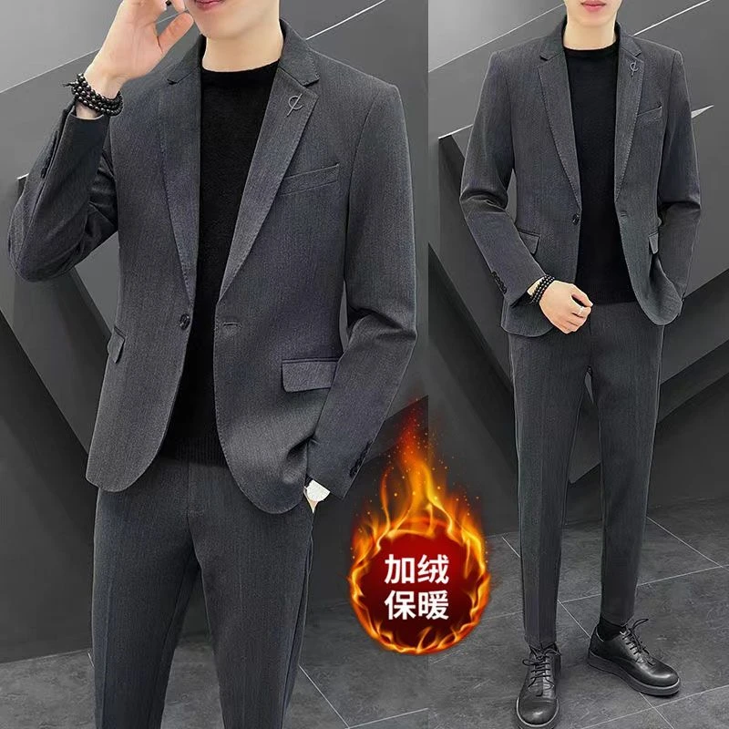 洋洋潮男男士休闲加绒小西装韩版修身套装秋冬季高级感西服
