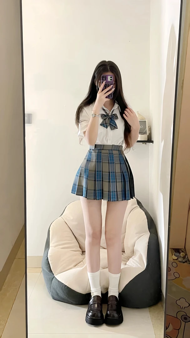 日系jk学院风制服纯欲基础款短袖衬衫青碧格裙百褶裙衬衫女春秋夏
