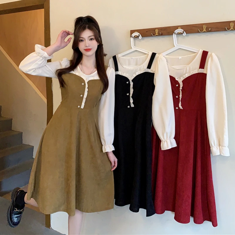 赫本风假两件拼接连衣裙女秋冬季新款高级气质修身显瘦裙法式辣妹