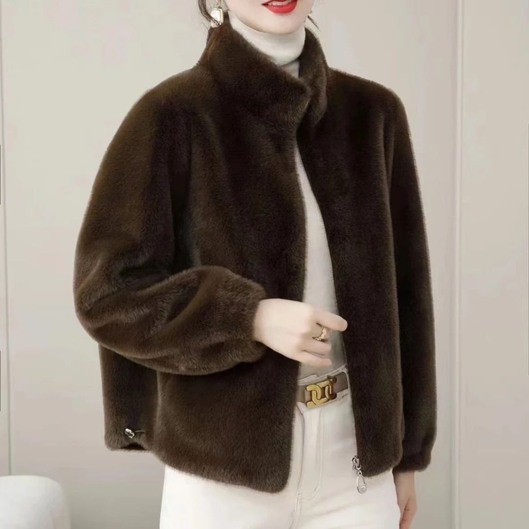 女士休闲纯色短款立领外套秋冬季皮毛一体开衫时尚女款加厚保暖