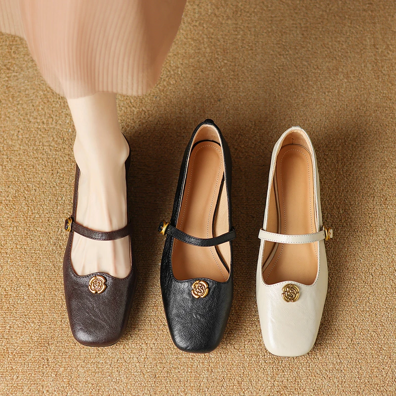 头层羊皮3.5cm手抓纹一字扣带山茶花方头复古百搭柔软舒适单鞋女