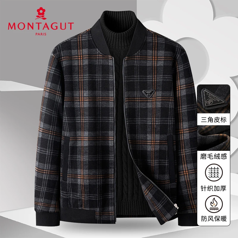 梦特娇秋冬男士棒球领夹克经典格纹拉链外套抗皱防风381352047