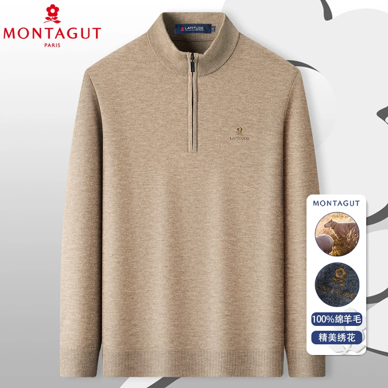 【梦特娇】【100%绵羊毛】秋冬男士羊毛衫毛衣保暖刺绣套头打底衫男装