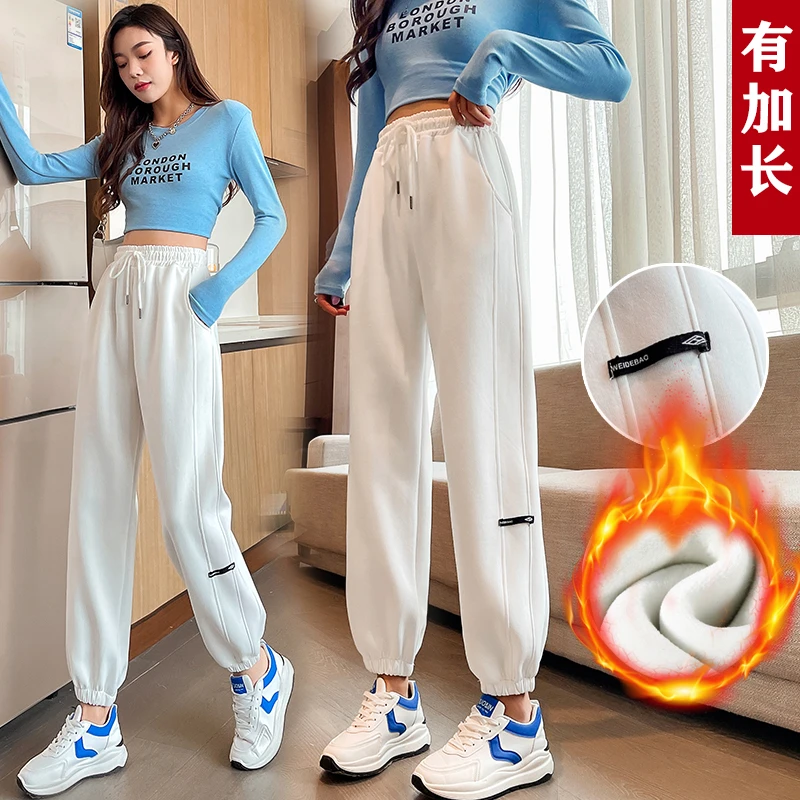 运动裤女春秋加厚宽松束脚秋冬加绒学生显瘦加长灰色休闲卫裤子