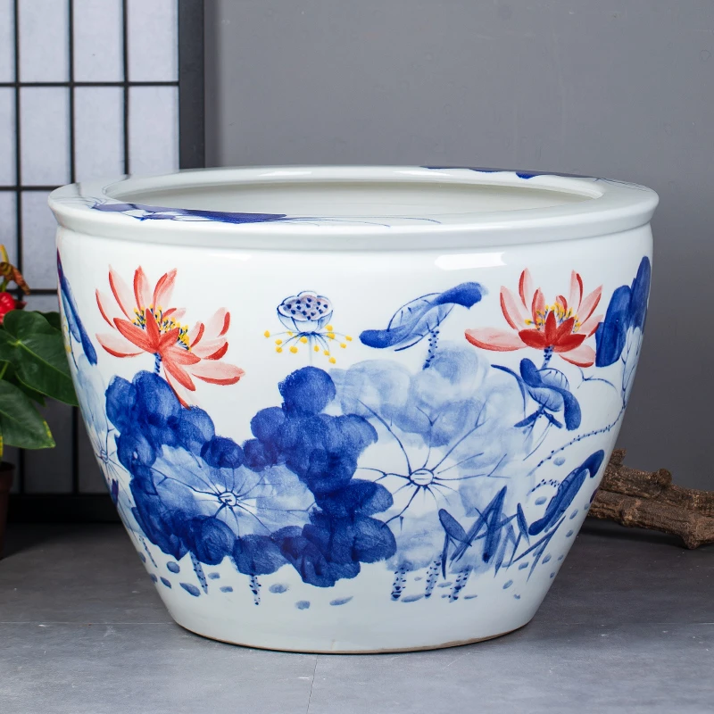 景德镇手绘精品陶瓷摆件鱼缸喷泉家用鱼缸客厅养鱼养龟