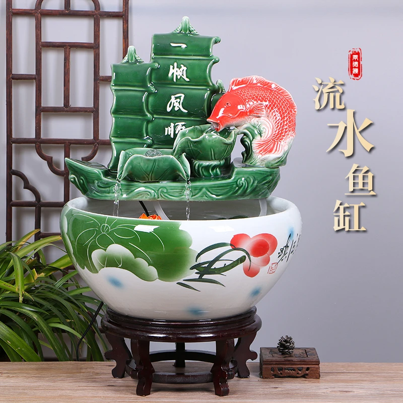 景德镇陶瓷摆件鱼缸流水器喷泉家用鱼缸大号客厅加湿招财