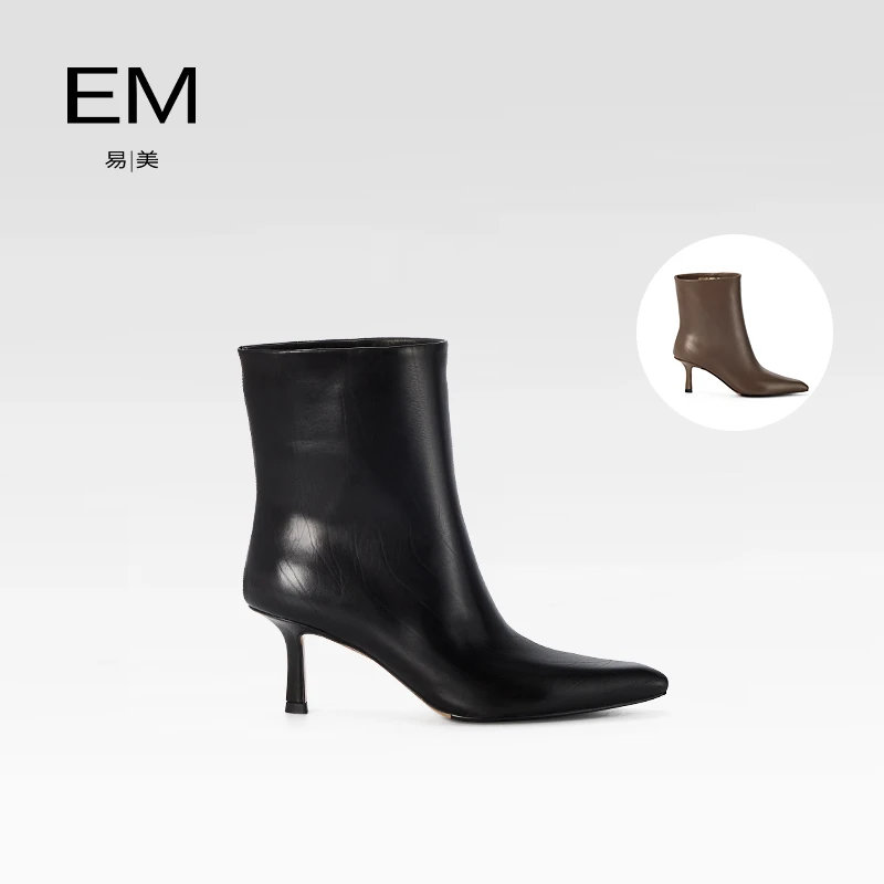 【宠粉季】EM冬真皮高跟短筒靴女细跟胎牛皮时装靴子M6155