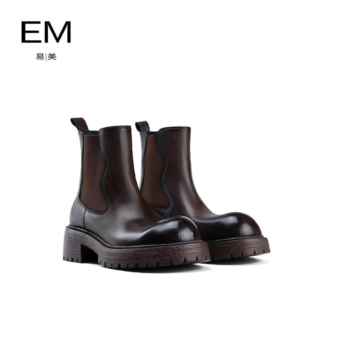 em2024秋冬时尚复古牛皮短靴厚底圆头切尔西短靴女E24AK400