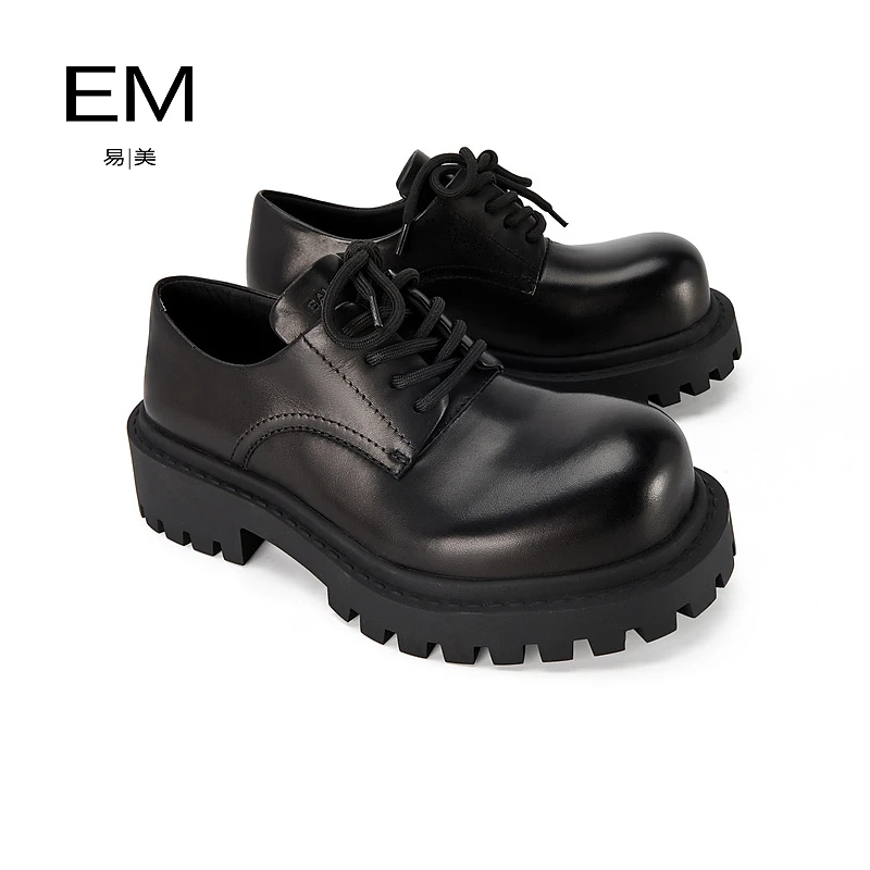 EM2024春夏款圆头时尚纯色真皮系带女鞋粗跟英伦风复古乐福鞋