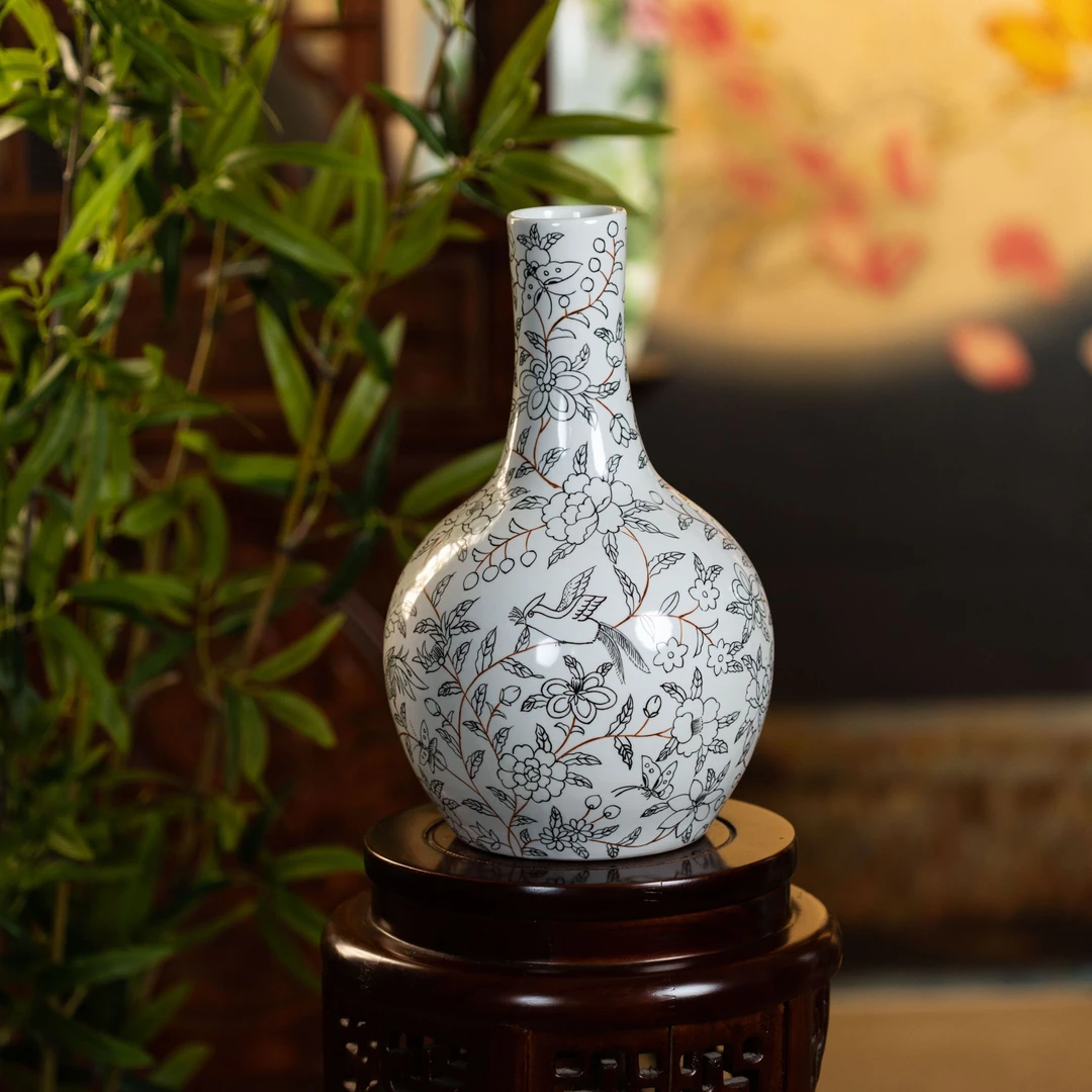 中式复古手工手绘家用天球花插瓶摆件