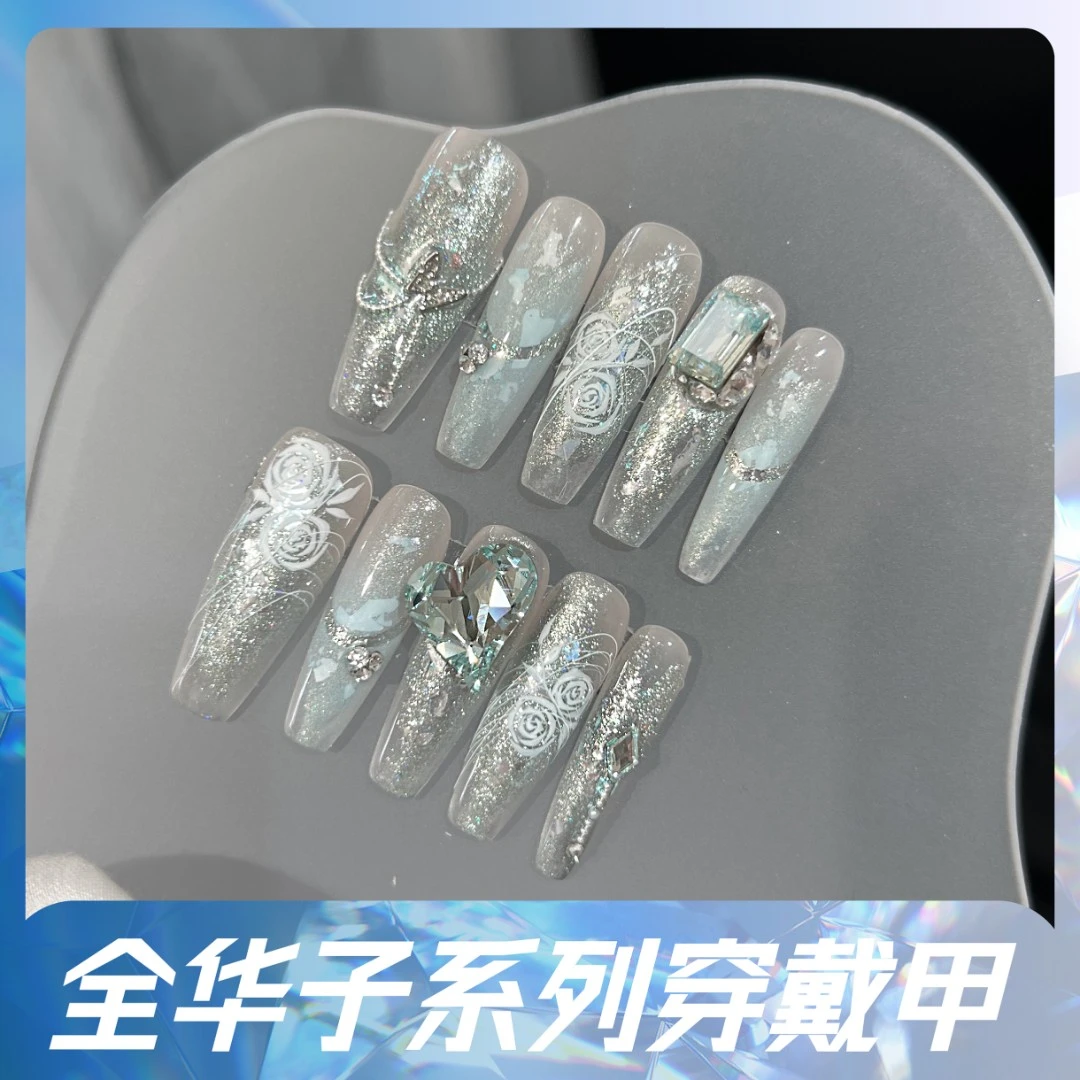 本宫指义【幻海幽兰/施华】高级感穿戴甲施华钻纯手工春夏美甲蓝色
