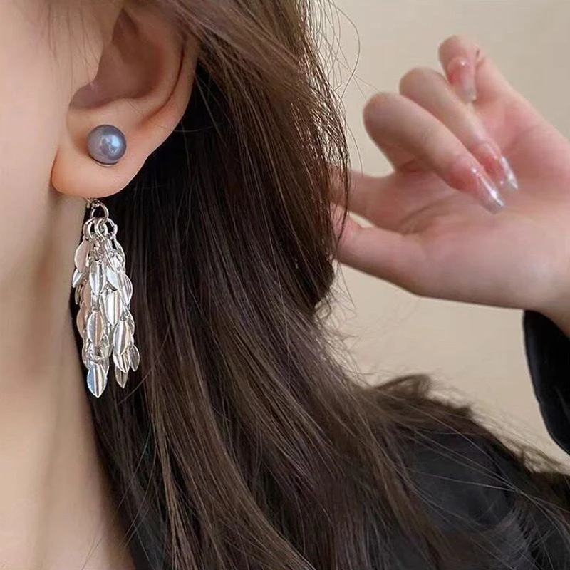 合金耳饰 高级灰珍珠银色麦穗长款流苏耳钉轻奢精致设计百搭耳饰