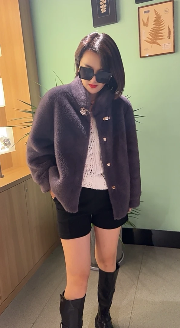 妈妈装立领休闲韩版水钻绒毛大衣气质短款时尚秋冬保暖百搭大衣