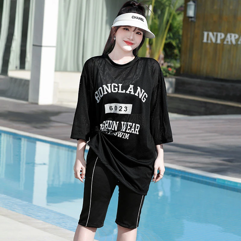大码泳衣女胖mm200斤分体三件套长袖罩衫五分裤遮肉大胸运动泳装