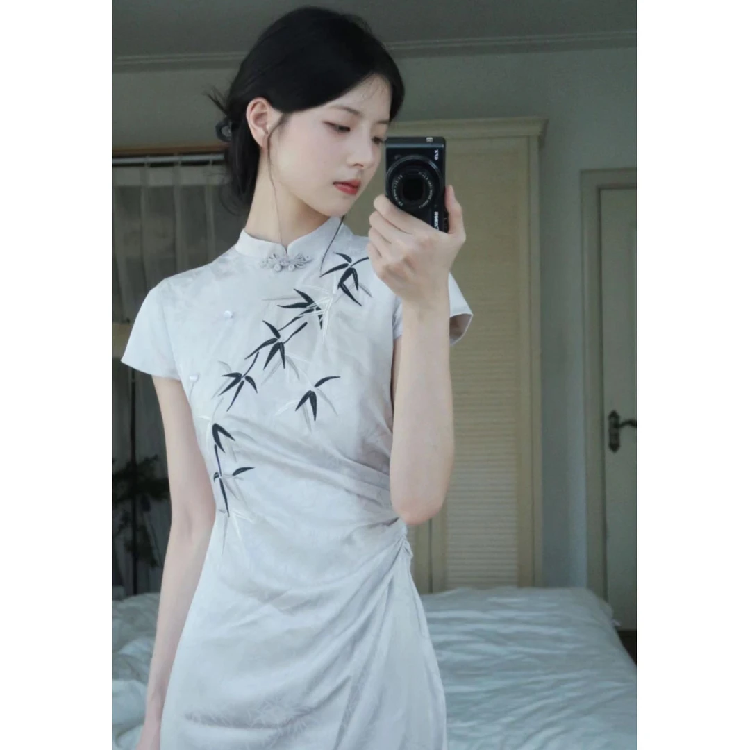 复古气质新中式竹子旗袍裙立领刺绣显瘦中长款提花连衣裙
