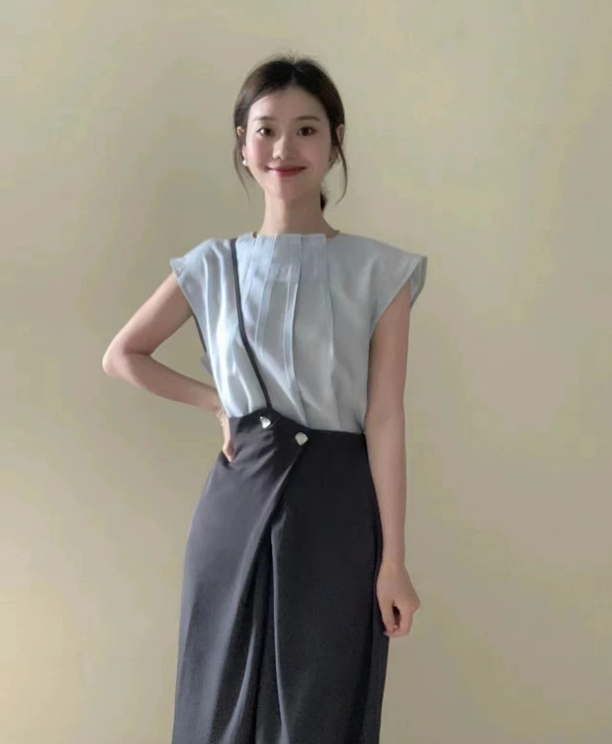 时尚女夏季气质名媛小个子无袖衬衫上衣休闲