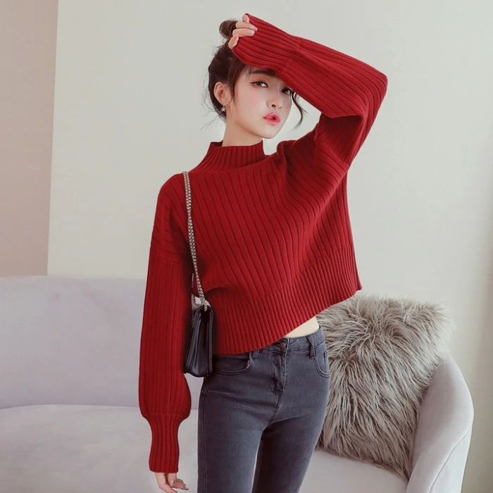 灯笼袖半高领打底衫女秋冬2024新款宽松显瘦毛衣秋装长袖针织上衣