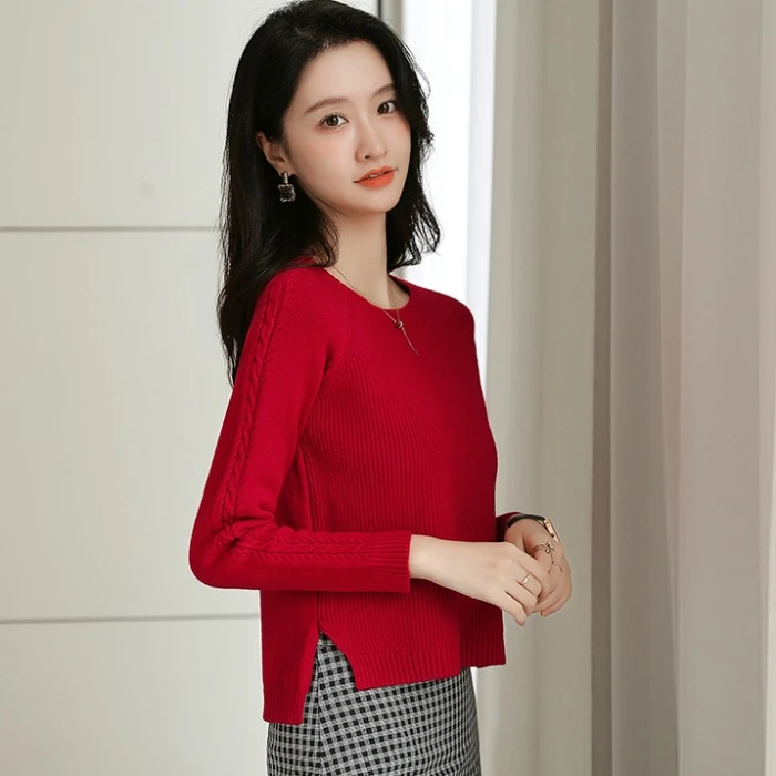 复古直筒开叉毛衣2024新款女秋冬休闲外穿上衣复古长袖套头针织衫