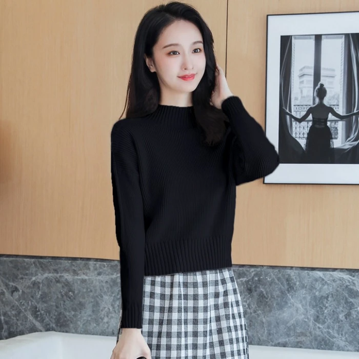 黑色加厚半高领毛衣女秋冬季打底衫洋气女款针织衫套头短款上衣潮