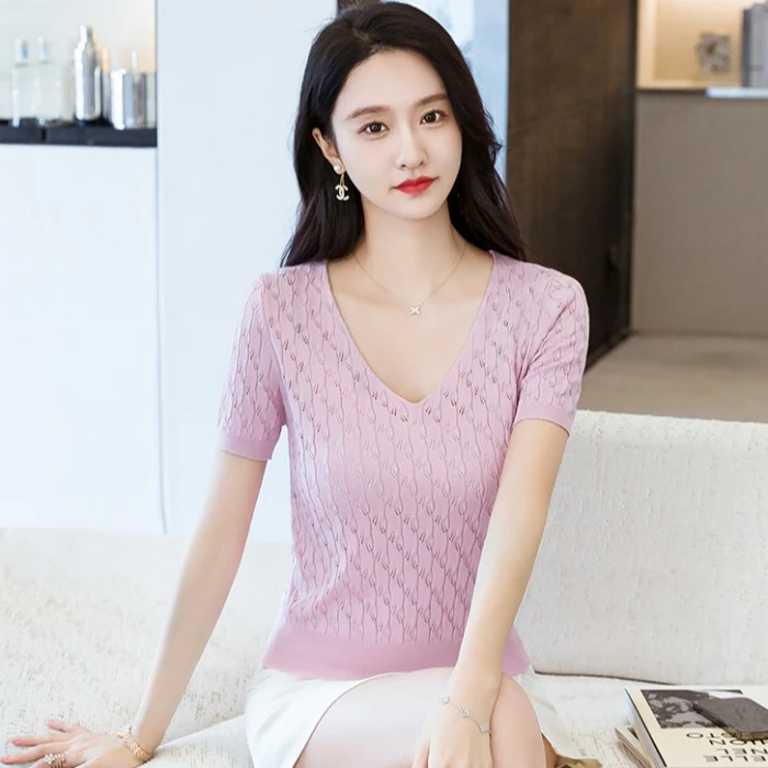 夏季2025新款V领冰丝短袖女针织衫T恤薄款打底纯色小个子短款上衣
