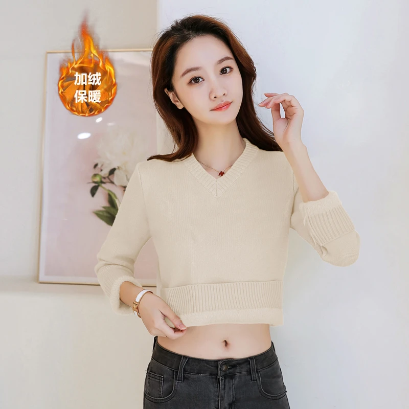 一体绒打底衫毛衣女V领加绒加厚保暖内搭秋冬套头针织衫短款上衣