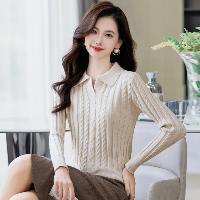 秋冬女士修身显瘦针织打底衫外穿polo领短款毛衣长袖套头百搭上衣