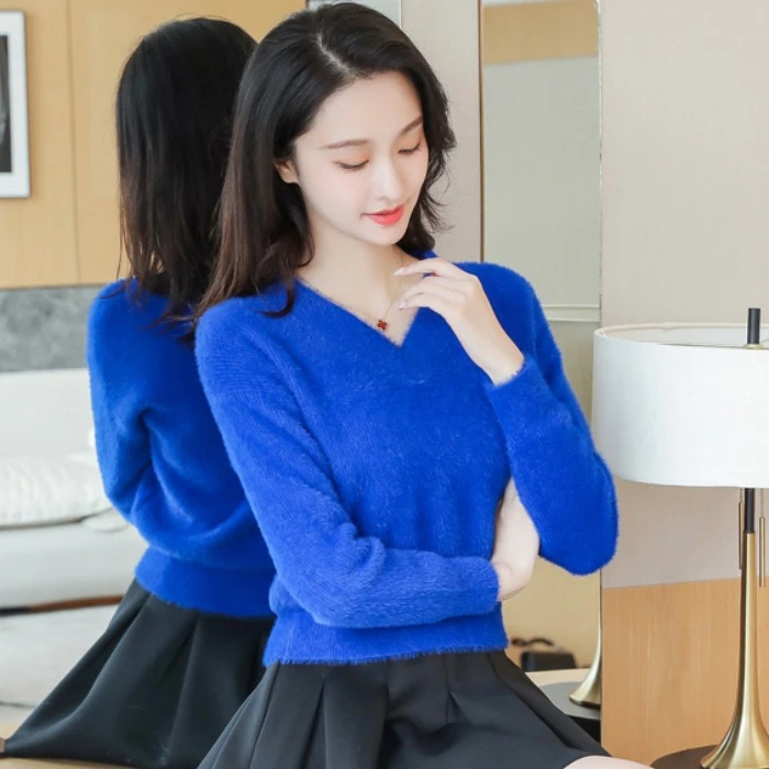 仿水貂绒蓝色毛衣女2025新款秋冬加厚短款上衣套头针织衫打底衫潮