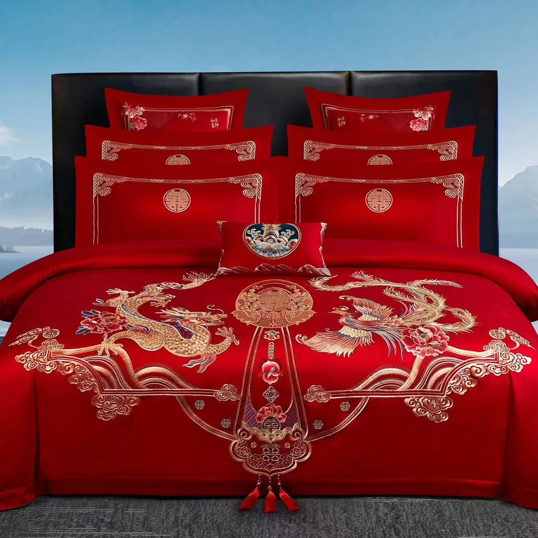 中式高档大红龙凤刺绣全棉加厚婚庆四件套结婚礼喜被陪嫁床上用品