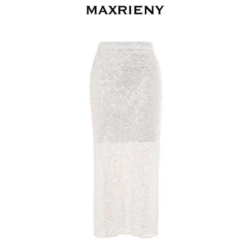 MAXRIENY白色半身裙蕾丝长款包气质短裙新款亮片MC87SK583A10