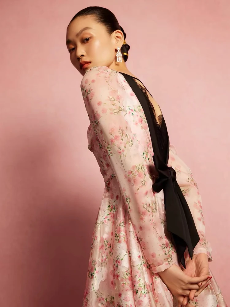 MAXRIENY粉色玫瑰爆款连衣裙春季日常长款设计师外出MC88DR059F10