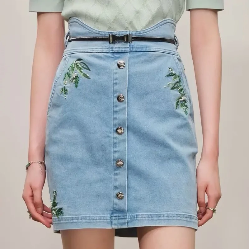 MAXRIENY竹叶提花牛仔半裙修身牛仔裙MC88SK502B10