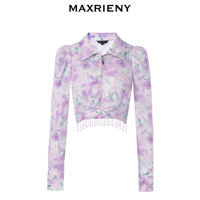 2023春款翻领短外套长袖女士高级印花渐变外衣夏天新款牛仔外套