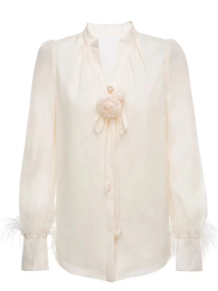 MAXRIENY玫瑰设计高级感v领衬衫女蕾丝气质长袖 MC87TP829X00