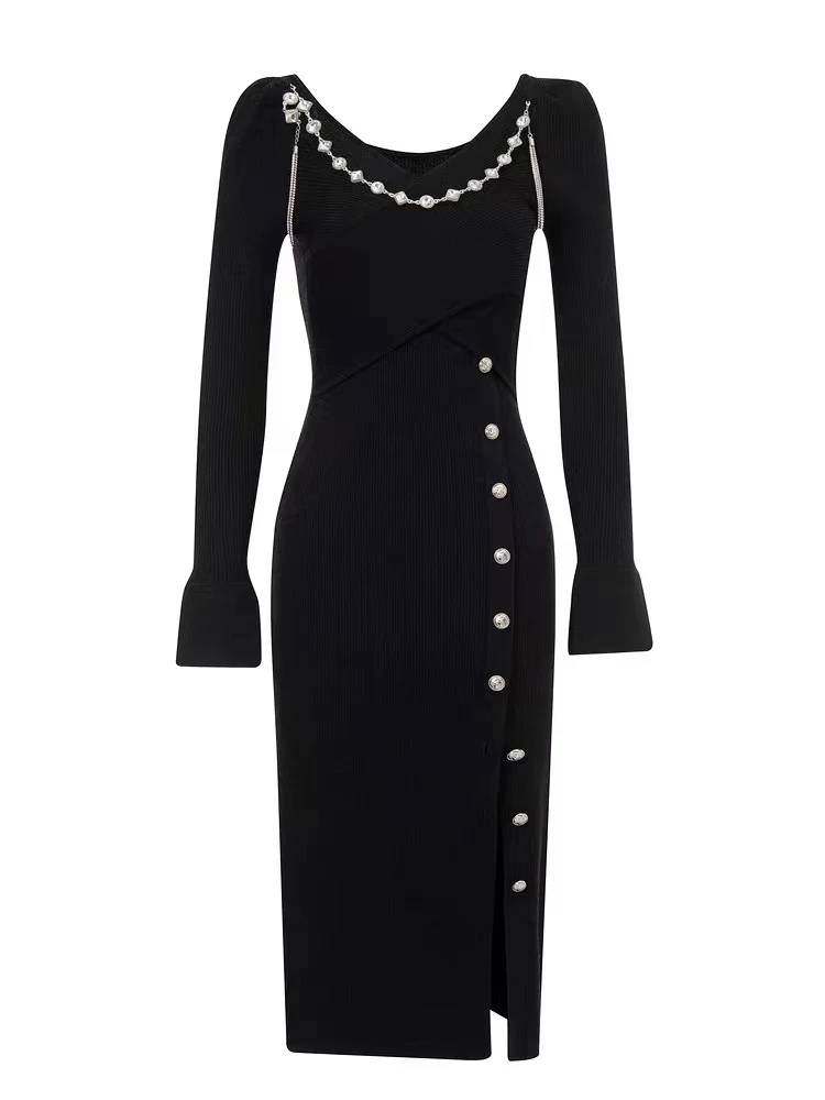 MAXRIENY秋新款复古连衣裙长袖新款高端黑色长裙MC87DR543A90