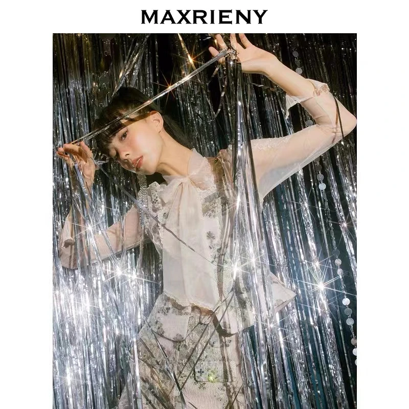 MAXRIENY复古宫廷提花上衣2023秋季新款蕾丝衫雪纺衫