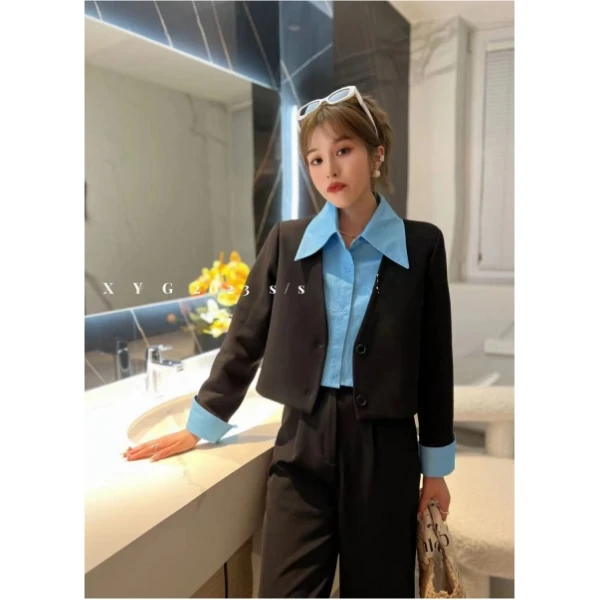 3465三色衬衫拼接西服两件套